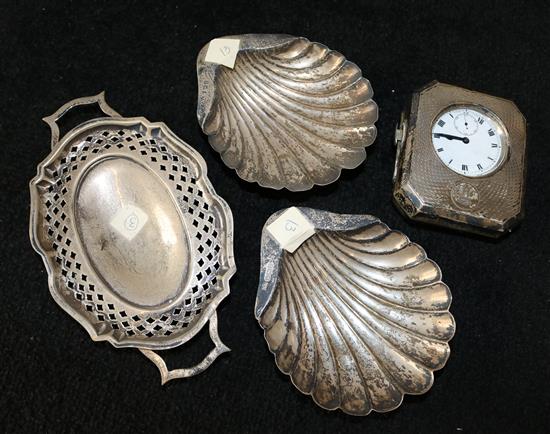 Pair silver butler dishes, bonbon dish and timepiece